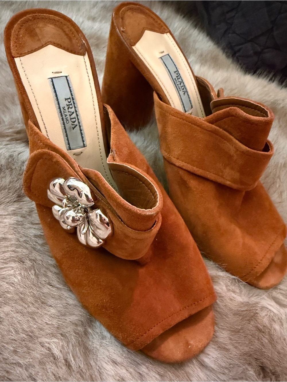 Prada Suede Open-Toe Mule in Rust with Silver Floral Accent